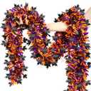 50FT Halloween Decorations Tinsel Garland, Orange Purple Shiny Metallic Tinsel Twist Hanging Streamers Garland with Black Maple Leaf for Halloween Home Tree Stair Indoor Outdoor Party Decor Supplies