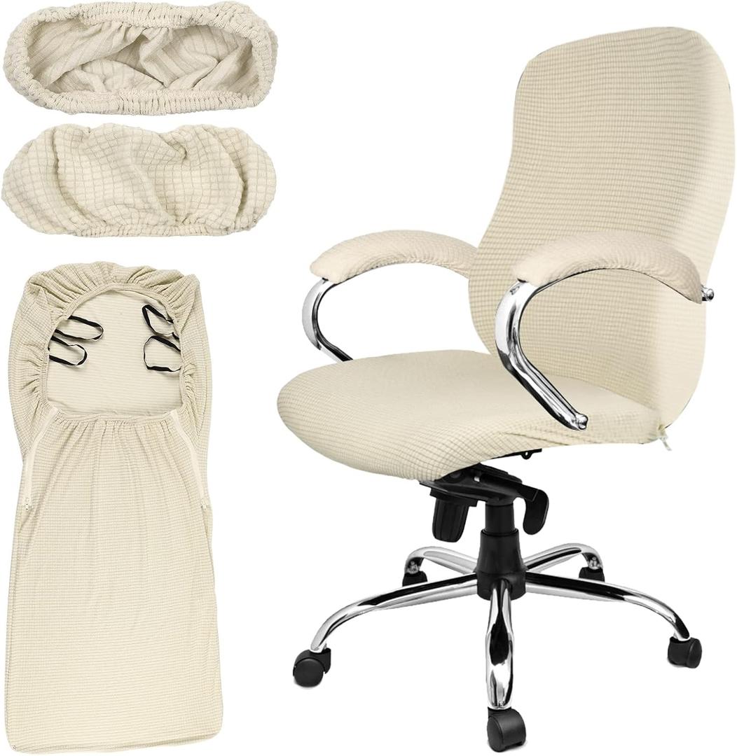 Tatuo 3 Pcs Computer Office Chair Cover Universal Rotating Chair Slipcovers Protector Removable Washable Office Armrest Covers with Zipper for High Back Seat Backrest (L,Waffle,Faint Yellow)