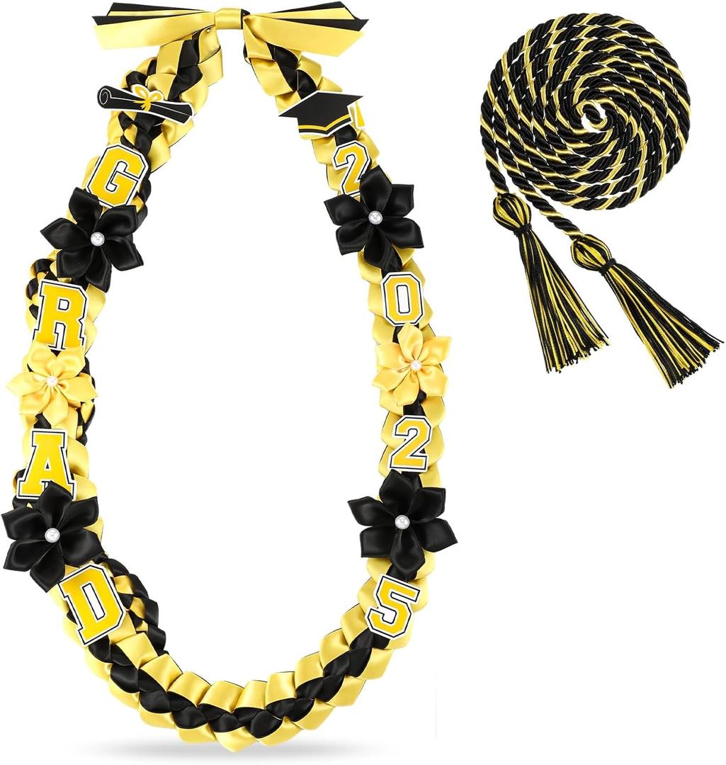 Graduation Ribbon Lei Class of 2025 Grad Lei Kit Graduation Double Braided Necklace with Honor Cord for Graduate Women Men High School College Grad Party Supplies(Black, Gold)