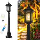 Emliviar Outside Solar Powered Post Light, Black Pathway Light with Remote Control, Dusk to Dawn LED Outdoor Solar Pole Lighting, Bulb Included, Seeded Glass, 2084PL-SL BK