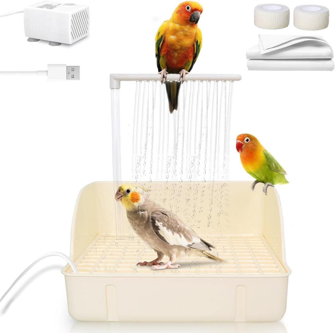 Automatic Parakeet Bird Bath with Pump, Large Bird Shower Fountain Indoor Bathtub with Running Water, Parrot Bath Tub Faucet for Pet Birds, African Grey, Cockatiel, Conure, Budgie, Lovebird (Square - White)