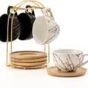 LUKA Ceramic Demitasse Espresso Cups Set with Saucers and Metal Stand, 8 oz Porcelain Stackable Cappuccino Cups Teacup For Tea, Espresso, Latte, Coffee, Cafe Mocha, Set of 4, White & Black