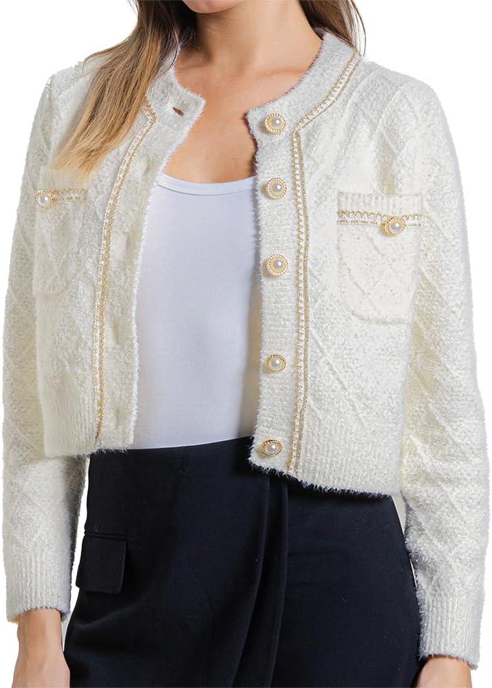 URBAN REVIVO Women's Knit Cardigan Sweaters Casual Long Sleeve Open Front Button Down Cropped Jackets (XL)