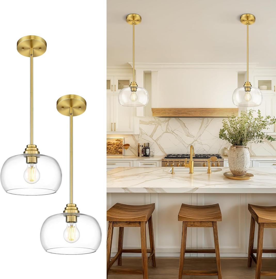 AUTELO 2 Pack Gold Pendant Lights, Glass Pendant Lights Kitchen Island with Clear Drum Glass, Industrial Pendant Ceiling Lights with Adjustable Rods for Kitchen Dining Room Bar, H9385 BG-R-2PK