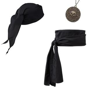 Pirate Costume Accessories Women Men Pirate Bandana Headband Head Scarf Pirate Sash Belt and Pirate Jewelry 3pcs (Black)