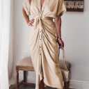 Women Elegant Satin Button Down Short Sleeve Maxi Shirt Dress with Belt (Beige)