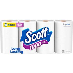 Scott 1000 Toilet Paper, 8 Rolls, Septic-Safe, 1-Ply Toilet Tissue