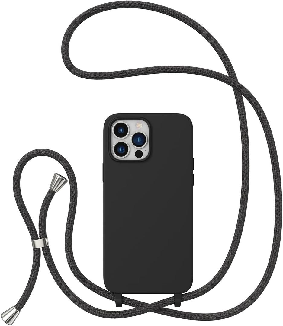 ZTOFERA Crossbody Case for iPhone 15 Pro Max with Lanyard Strap Adjustable Rope, Liquid Silicone Soft Cover for iPhone 15 Pro Max 6.7 inch-Black