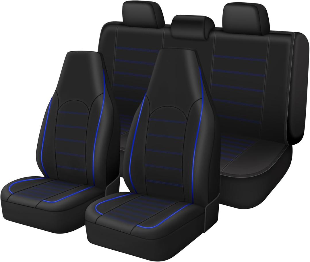 TOYOUN Classic Universal PU Leather Car Seat Covers Full Set Fit Most Cars Trucks SUVS or Vans Blue High Back Front Bucket and Rear Auto Seat Covers Set Car Seat Protector