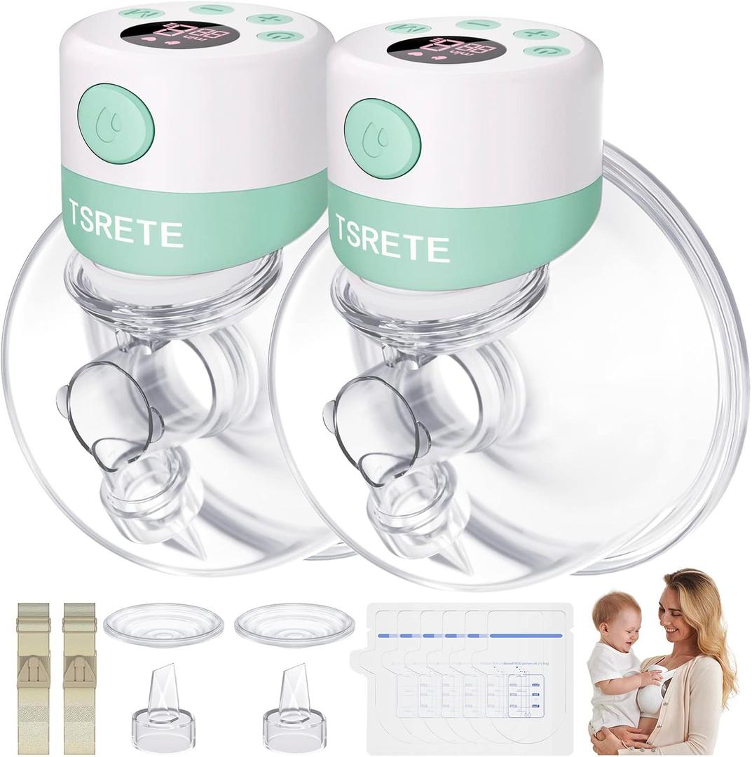 TSRETE Double Wearable Breast Pump, Electric Hands-Free Breast Pumps with 2 Modes, 9 Levels, LCD Display, Memory Function Rechargeable with Massage and Pumping Mode 24mm Flange-Green