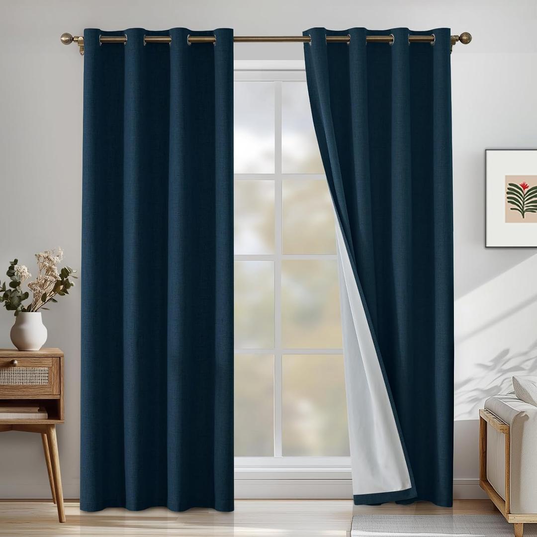 Linen 100% Blackout Curtains for Bedroom, Black Out Curtains 96 Inch Long, Room Darkening Curtains for Living Room, Long Curtain Grommets Drapes, Thermal Curtains (2 Panels, Dark Green)