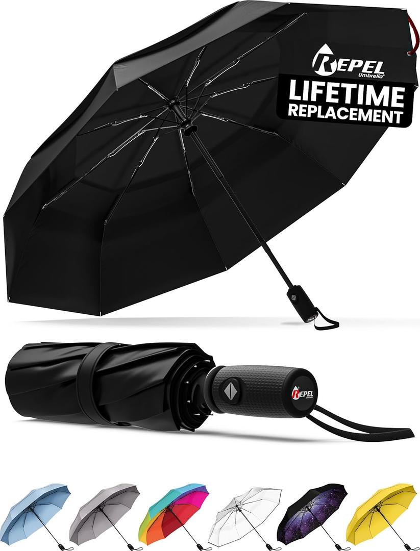 REPEL Windproof Travel Umbrella - Compact & Withstands Winds up to 85MPH , Strongest Premium Auto Folding Umbrella for Rain and Sun - Durable, Light & Portable for Women & Men , Fits Backpack & Cars (Black)