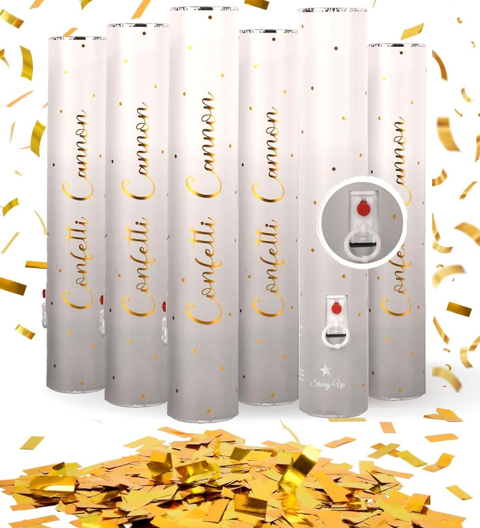 Confetti Cannon with Magic Snap - Pack of 6 Gold Poppers - Confetti Shooters for New Year's Eve, Birthday, Graduation, Party, Weddings - Confetti Launchers for any Celebration (Gold)
