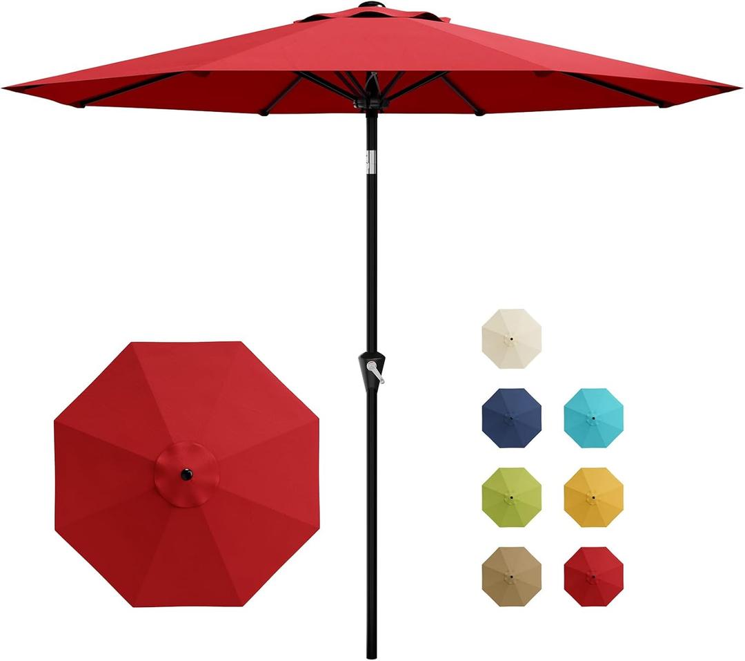 GarveeLife 9FT Umbrella Outdoor Patio, Table Umbrella with Push Button Tilt and Crank, 8 Sturdy Ribs Waterproof UV Protection for Garden, Pool, Deck, Backyard, Market (Red)