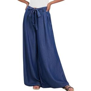 loveimgs Women's Tie Front High Waist Denim Pants Pleated Flowy Wide Leg Jean Pants Trousers. Size L