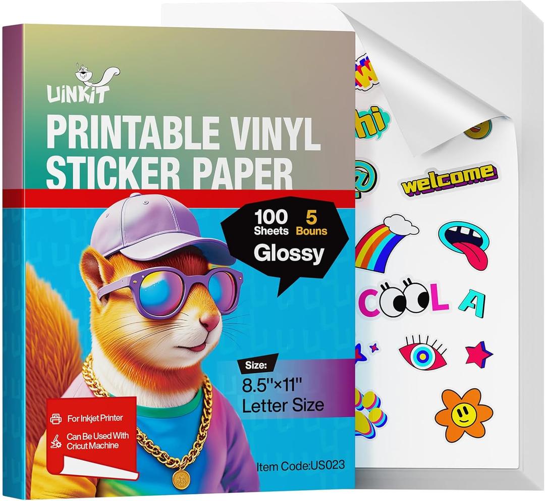 Uinkit 105 Sheets Premium Printable Vinyl Sticker Paper for Inkjet Printer Cricut,Included 100Sheets Glossy and 5Sheets Transparent Label Waterproof Adhesive Dries Quickly Tear-Resistant, Removable (Glossy_classic With Extra)