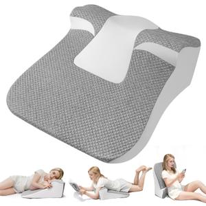 Bed Snorinator Pillow, Ergonomic Wedge Pillow for Sleep Apnea Memory Foam Reading Pillow for Back, Neck & Head Comfortable Support-Grey