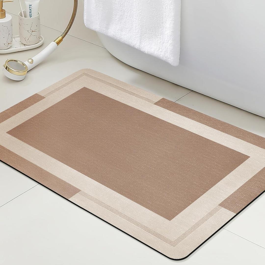 ACCUMTEK Non Slip Bath Mat, Thin Bathroom Rugs Fit Under Door, Quick Dry Bath Mats, Machine Washable Bath Rugs for Bathroom, Bathtub & Kitchen, Bathtub, Light Brown/Bordered/32 x20