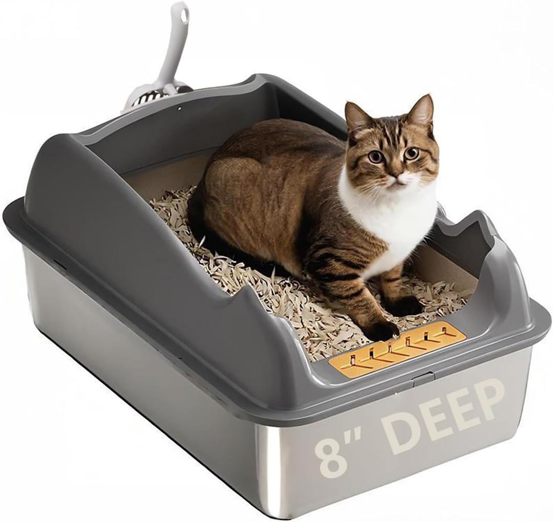 8" Deep Stainless Steel Litter Box with Lid, XL Litter Boxes for Big Cats, Metal High Sided Litter Box, Anti-Stick and Anti-Leak, Easy to Clean, Dark Gray