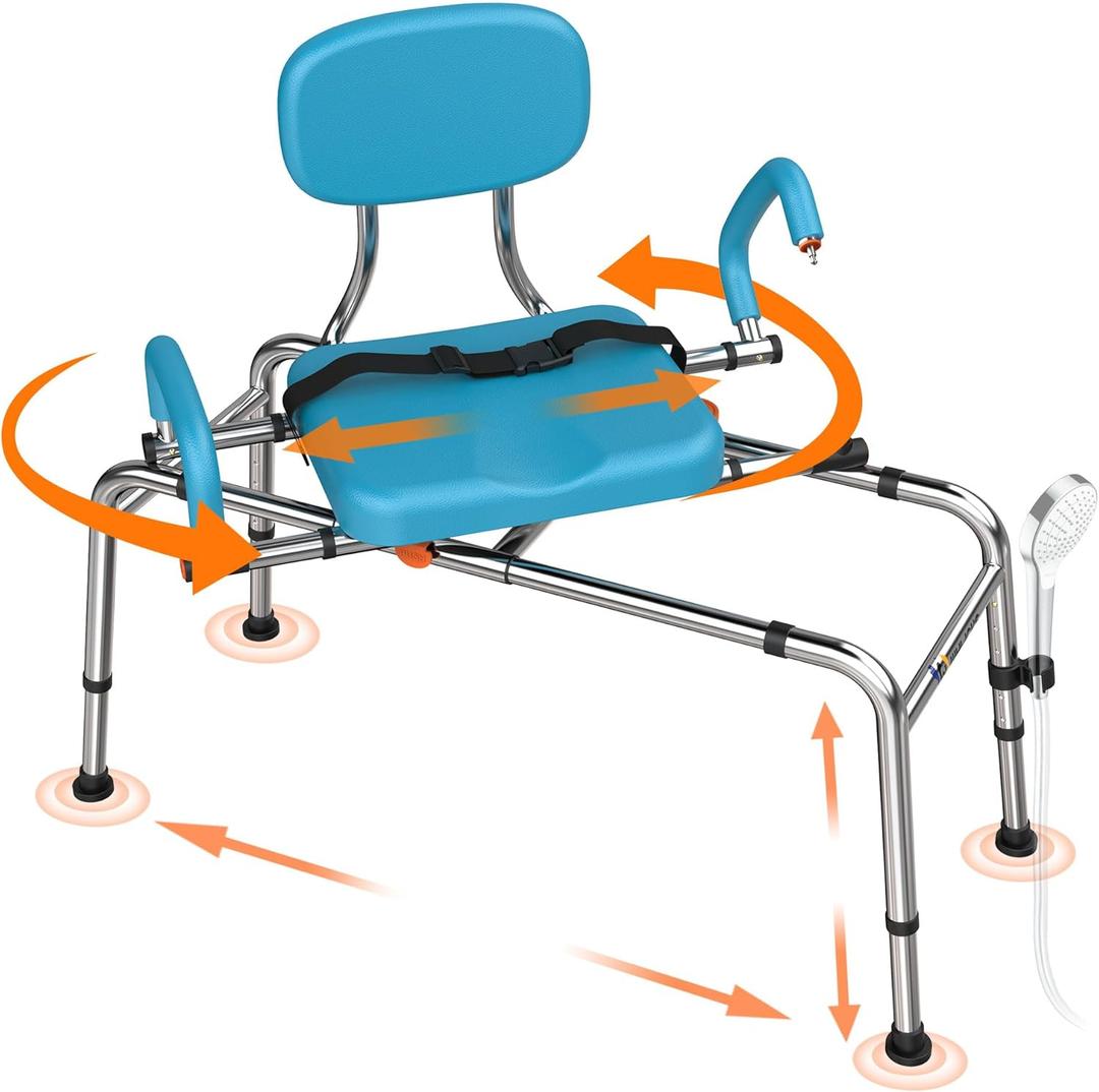 Sliding Shower Chair Tub Transfer Bench with Swivel Seat, 450lbs Shower Chair for Elderly and Disabled, Adjustable Height and Arms Width Bath Transfer Benches for Bathtub
