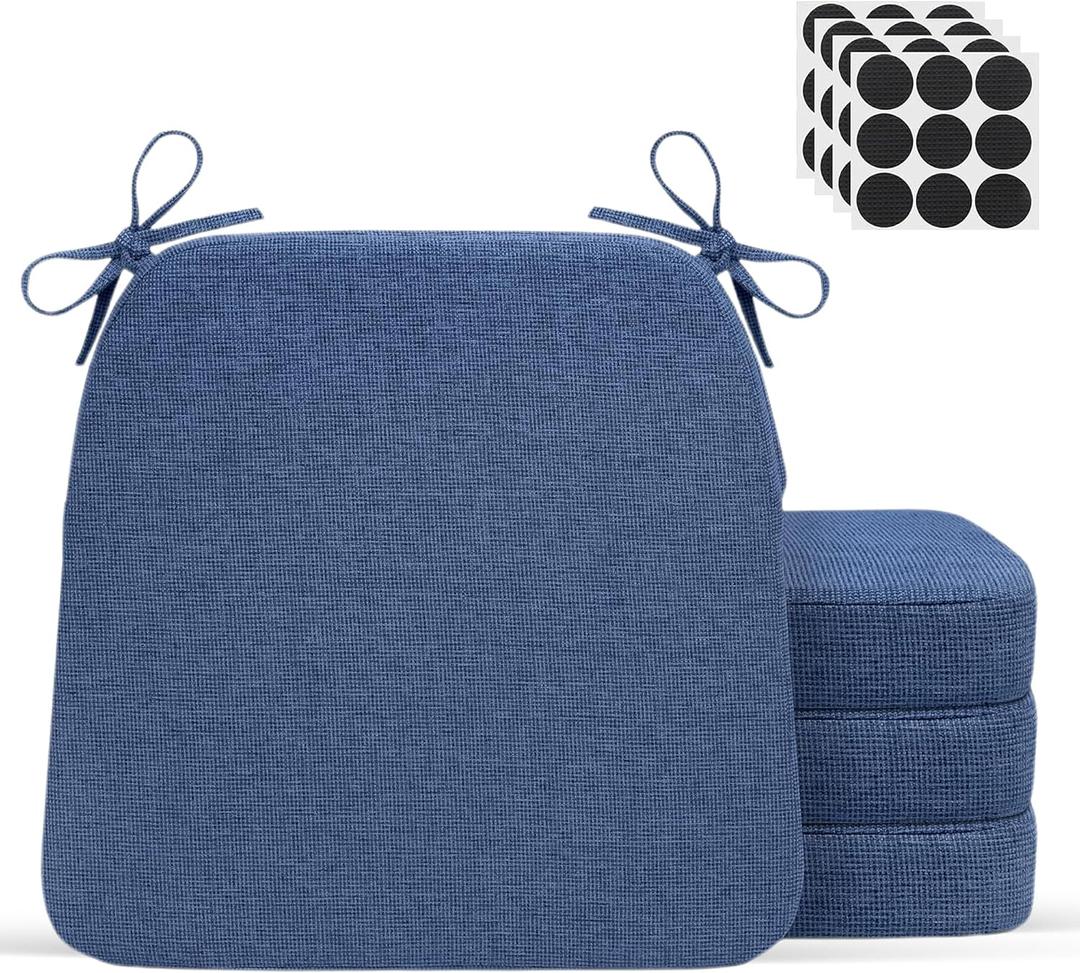 Chair Cushions for Dining Chairs - 17" x 16" x 2" D-Shaped Indoor Seat Cushions - Non Slip Chair Pads with Removable Ties and Washable Cover Set of 4 - Chair Leg Pads Included - Blue