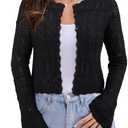 FAIRY SEASON Women's Cropped Cardigan Sweater Bell Long Sleeve Lightweight Crochet Button Down Knit Bolero Shrugs for Dresses (Black, M)