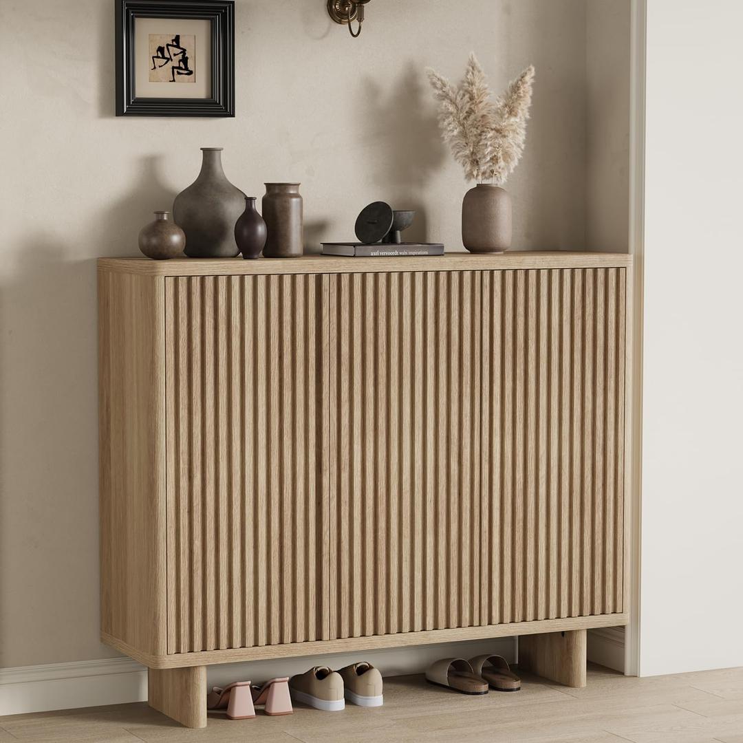 Garvee 46 Inch Shoe Cabinet with Fluted Door, 5-Tier Storage with 4 Adjustable Shelves, Rustic Entryway Shoe Bench for Hallway, Wood