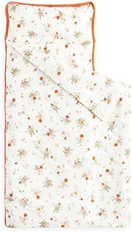 Wake In Cloud - Toddler Nap Mat with Pillow and Blanket, 100% Cotton Fabric, for Kids Girls in Daycare Kindergarten Preschool, Floral Botanical Flowers, Beige Orange, Standard