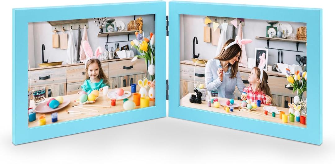 Double 5x7 Horizontal Combo, Soft-Blue Wood Picture Frame, 4.5x6.5 Opening Foldable Landscape View Photo Frame on Table-top or Wall