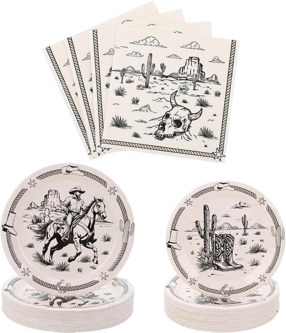 60PCS Cowboy Party Supplies Serve 20,Western Cowboy Rodeo Theme Party Paper Plates and Napkins Kit for Birthday Baby Shower Party Decorations