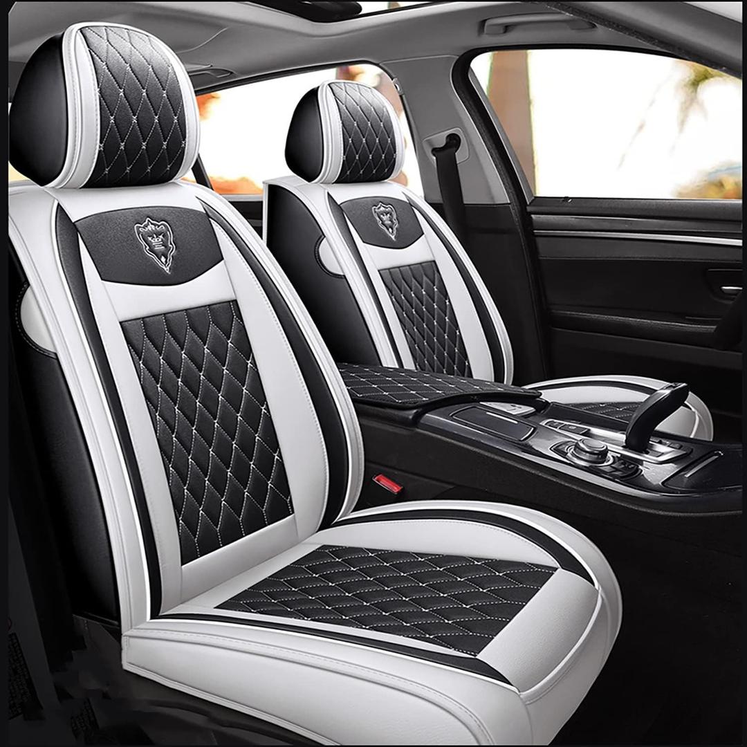Car Seat Covers Full Set, Super Luxurious Heavy Duty Waterproof Leather Automotive Vehicle Cover for Cars SUV Pick-up Truck, Universal Non-Slip black white Seat Car Accessories (Full Set/White)