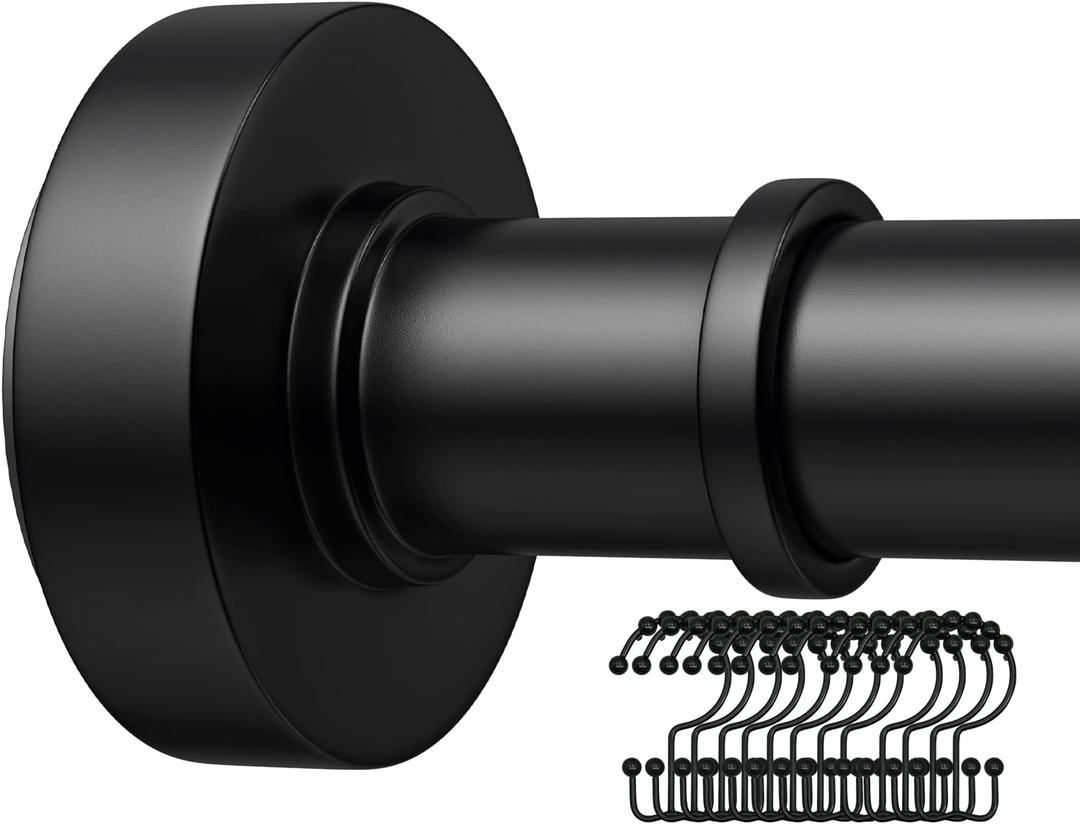 Black Shower Rod with 12 Hooks, 18-72 Inches, Rust Resistance, Adjustable Tension Rod with Durable Spring, No Drilling - Use For Bathroom, Bedroom, Home, Matte Black