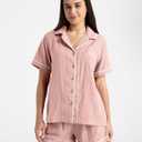 Womens Muslin Pajama Set 100% Cotton Double Gauze Linen Like Breathable Soft Button Up Loungewear Sleepwear PJ Set (Pink, L)