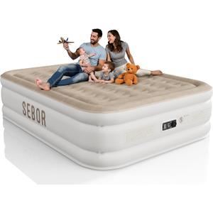 Sebor Air Mattress Queen with Built-in Pump 18", Comfortable Self-Inflating Air Mattress with High-Speed Pump, Durable Blow Up Mattress Queen with Storage Bag for Guests, Camping, Travel (Khaki)