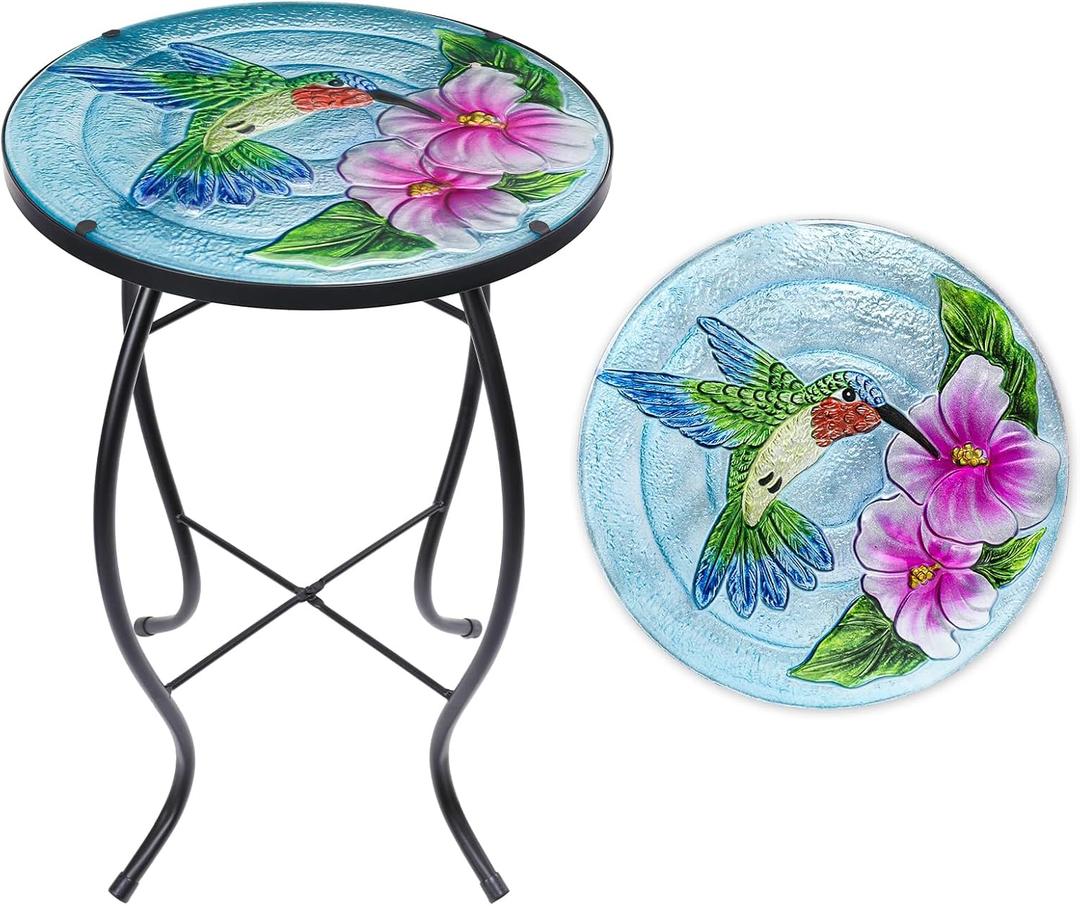 VCUTEKA Patio Side Table Outdoor Accent Table Small Mosaic Table Coffee Table End Table Porch Indoor Outdoor Round Glass Balcony Bistro Hummingbird Flowers 14 inches, Round, 14-inch Diameter, 21-inch Height