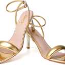 RIBONGZ Light Gold Strappy Kitten Heels For Womens Square Open Toe Sexy Sandals Comfortable Dressy Stiletto High Heels Wedding Party Evening Prom Dress Shoes 9