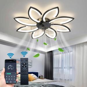 35'' Bladeless Ceiling Fan with Lights Remote Control, Modern Low Profile Ceiling Fans with Lights, Dimmable 3 Color 6 Speeds Flush Mount LED Ceiling Fan for Bedroom, Living Room - Black