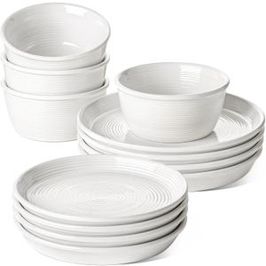 LE TAUCI Ceramic Plates and Bowls Set for 4, 12-Piece Ceramic Dinnerware Set, Farmhouse Dishes Set, Microwave & Dishwasher Safe, Stackable, 10" Dinner+8" Salad Plates+6" Bowls, White