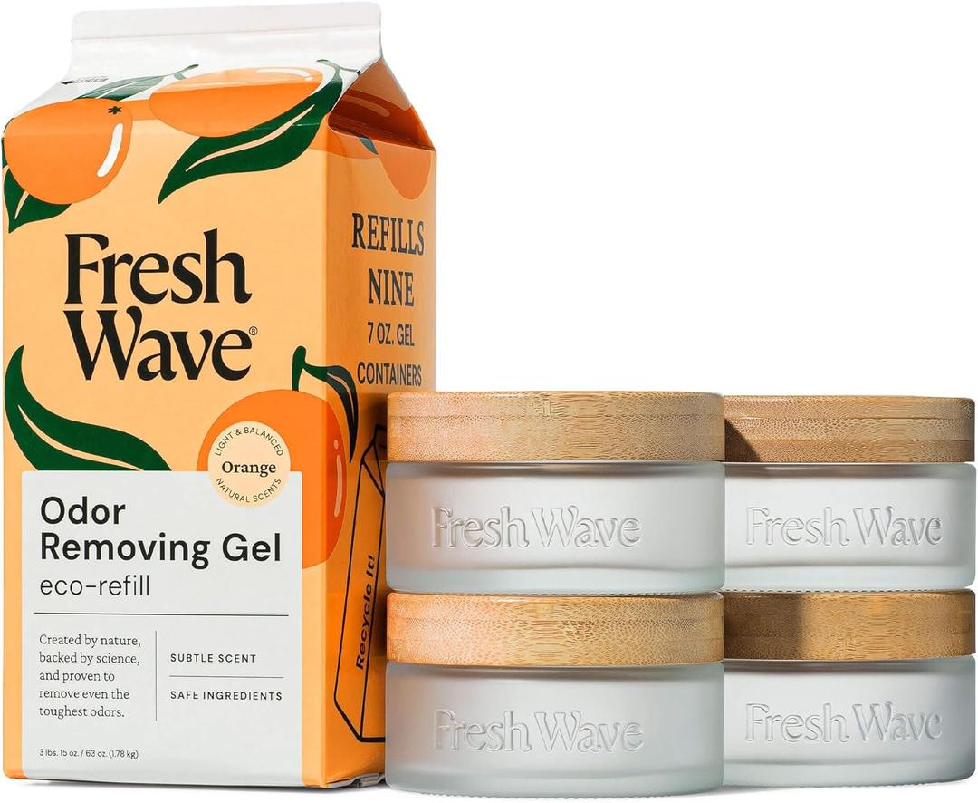 Fresh Wave Odor Removing Gel Eco-Refill, 63 oz. Orange Scent | 4 Empty Refillable Glass Jars | 4 Room Set
