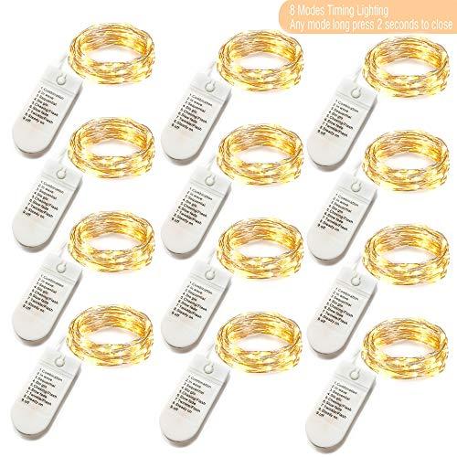 [12-Pack] 8 Modes Fairy String Lights with Timer, 20 LEDs Lights on 6.5ft Silver Wire, Fairy Lights Battery Powered 2xCR2032, 3 to 4 Days in The Timing, Party, Wedding, Christmas Table Decor, WarmWhite