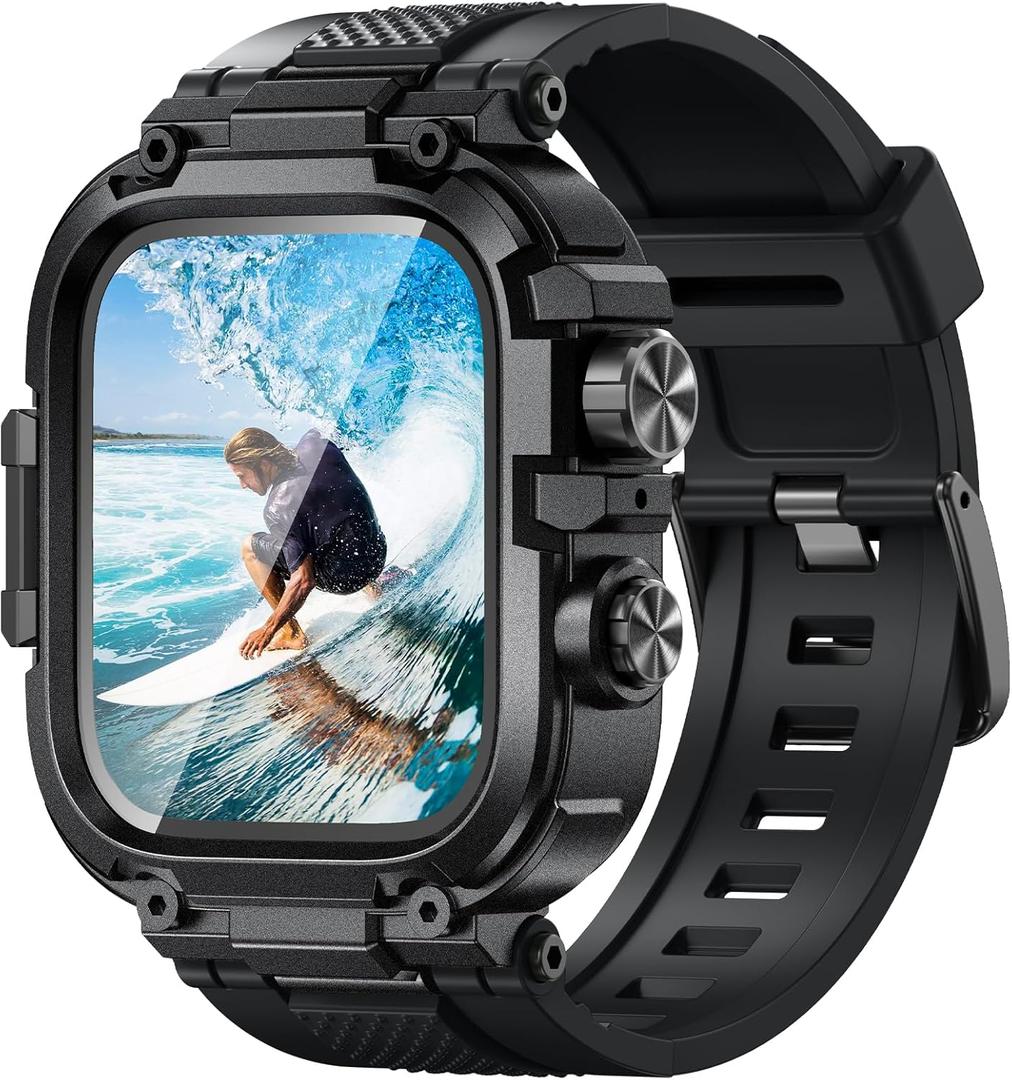Goton IP68 Waterproof Rugged Band for Apple Watch 46mm/45mm/44mm with Case build-in Screen Protector  Heavy Duty Sport Strap Compatible with iWatch Series 10/9/8/7/6/5/4/SE (Black)