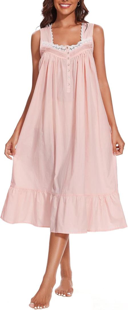 AVIIER 100% Cotton Nightgowns for Women Sleeveless Sleep Dress Ladies Gowns Sleepwear with Pockets (Large, Light Pink)
