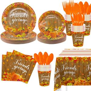 MEHOFOND 169PCS Friendsgiving Party Supplies,Thanksgiving Autumn Dinnerware Paper Plates, Napkins, Cups, Cutlery, Tablecloth Pumpkin Harvest for Fall Friends Party Decor, Serve 24 Guests