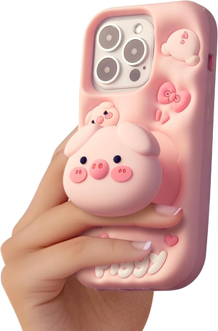 Kawaii 3D Pig Pop-Up Stand and Grip Phone Case for iPhone 13 Pro Max, Cute Cartoon Animal Phone Cover for Girls, Boys, Kids, Teens, and Womens Pink