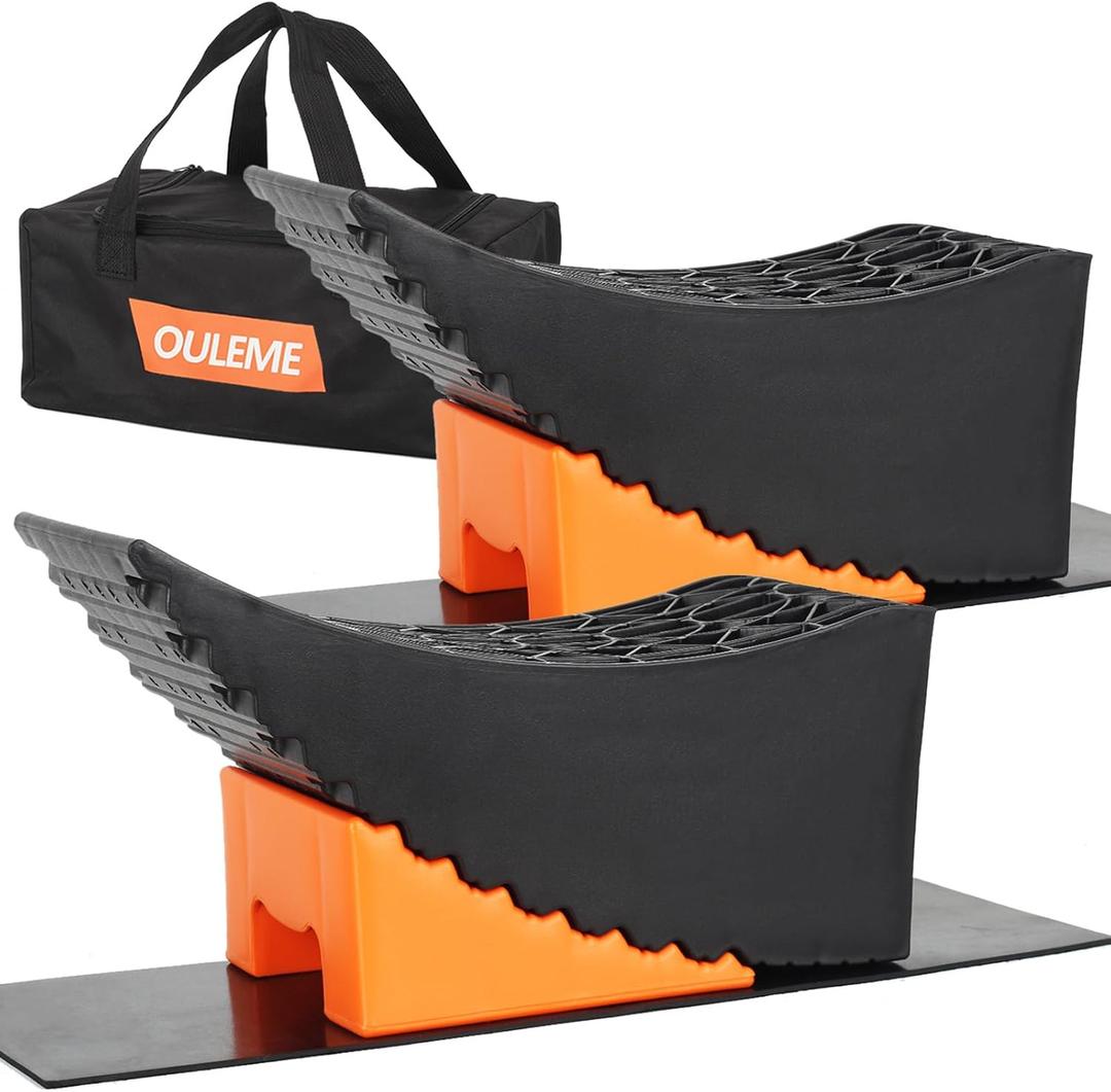 OULEME Curved Leveling Blocks, Raised Tire Change Ramp, for RV Camper Travel Trailer, Fits Dual Axle Tandem Wheel Aid Changing, Lift up to 6", Comes with Chock and Rubber Mat (2 Pack) (XL(17*6.8*6.8 inches))