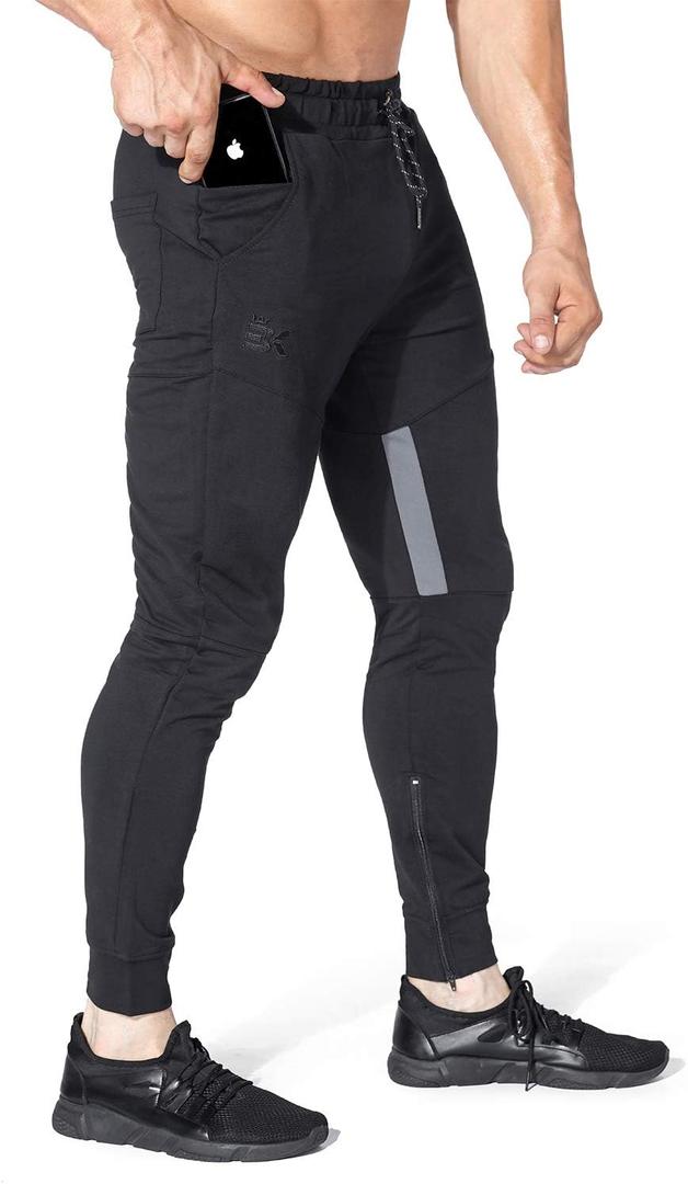 BROKIG Mens Gym Jogger Pants,Casual Slim Workout Sweatpants with Zipper Pockets Bodybuilding Athletic Pants (Medium, Black)
