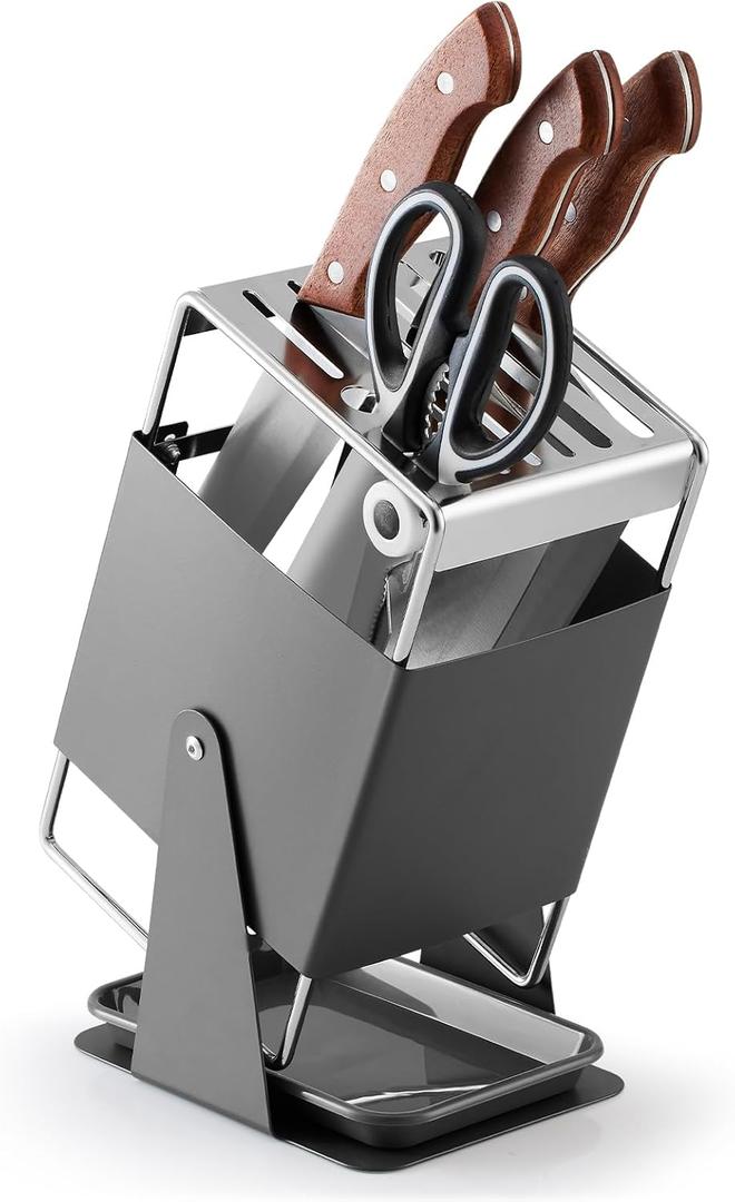 Universal Knife Block Holder - Stainless Steel Knife Holder without Knives for Kitchen Countertop Kitchen, Knife Organizer Holds 8 Knives and 1 Sharpening Steel for Large, Heavy Kitchen Knives (Grey)