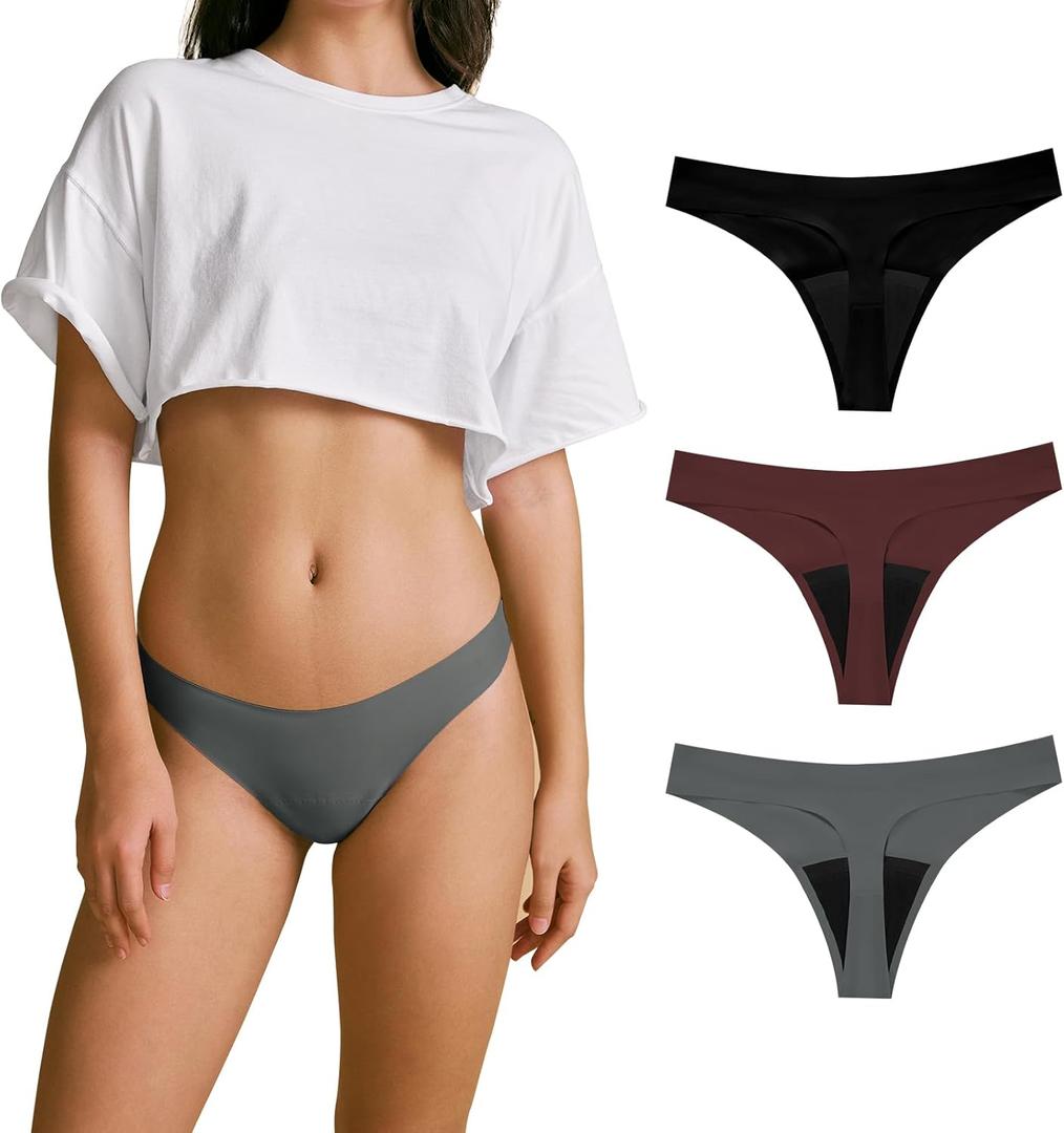 SHARICCA Women Postpartum Period Thongs 4 Layers Leakproof Underwear Panties for teen ladies Multipack (Medium, 3p Midnight)
