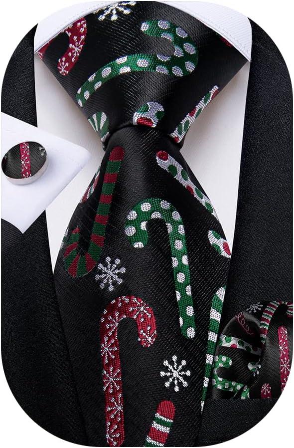 DiBanGu Christmas Ties for Men Festival Mens Holiday Tie and Pocket Square Set Santa Xmas Party Vacation Necktie (Black Cane Candy)