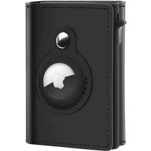 GAOCHALE AirTag Wallet Genuine Leather Air Tag Wallet RFID Technology Credit Card Holder with Minimalist Wallet for Men for Apple AirTag (No Airtag Included)(Black)